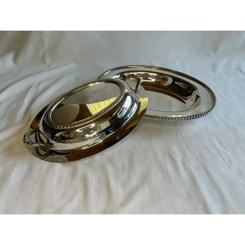 Small Silver Serving Platter with Lid & Handles, Mid Century, Classic, Elegant